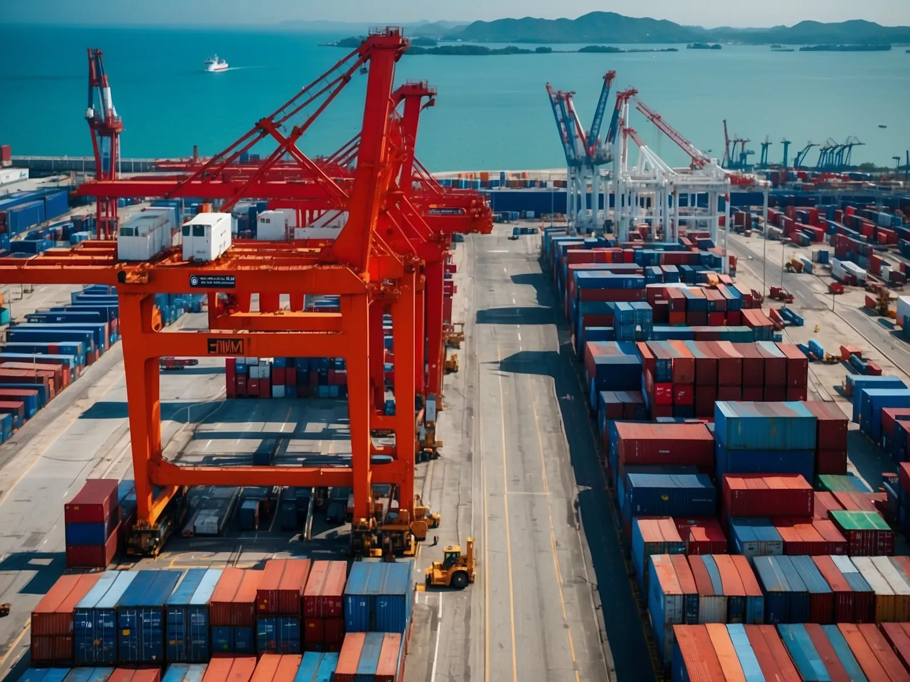 Pemandangan udara terminal pelabuhan moden dengan kren dan kapal kargo