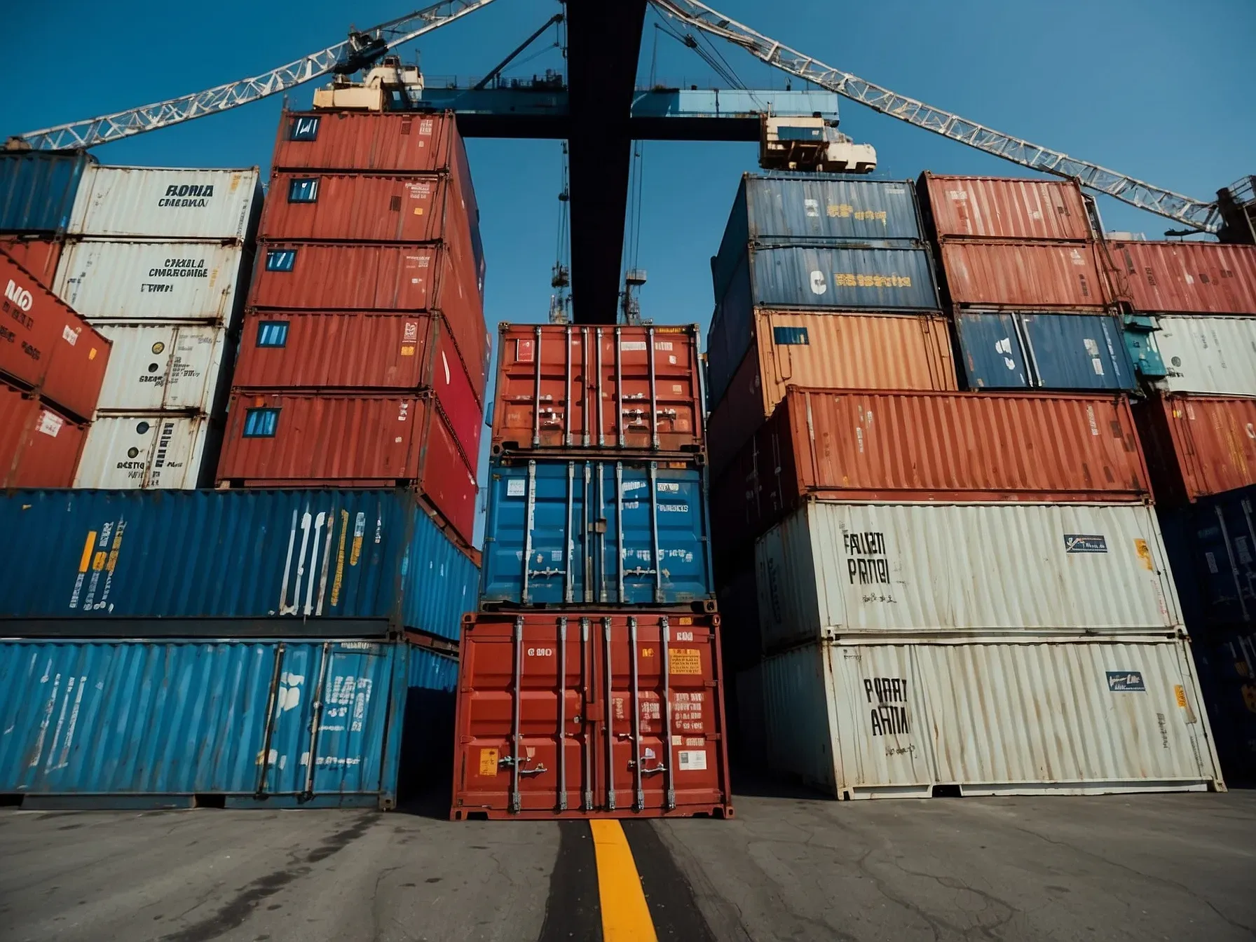 Shipping containers stacked at a port terminal with a crane lifting a container