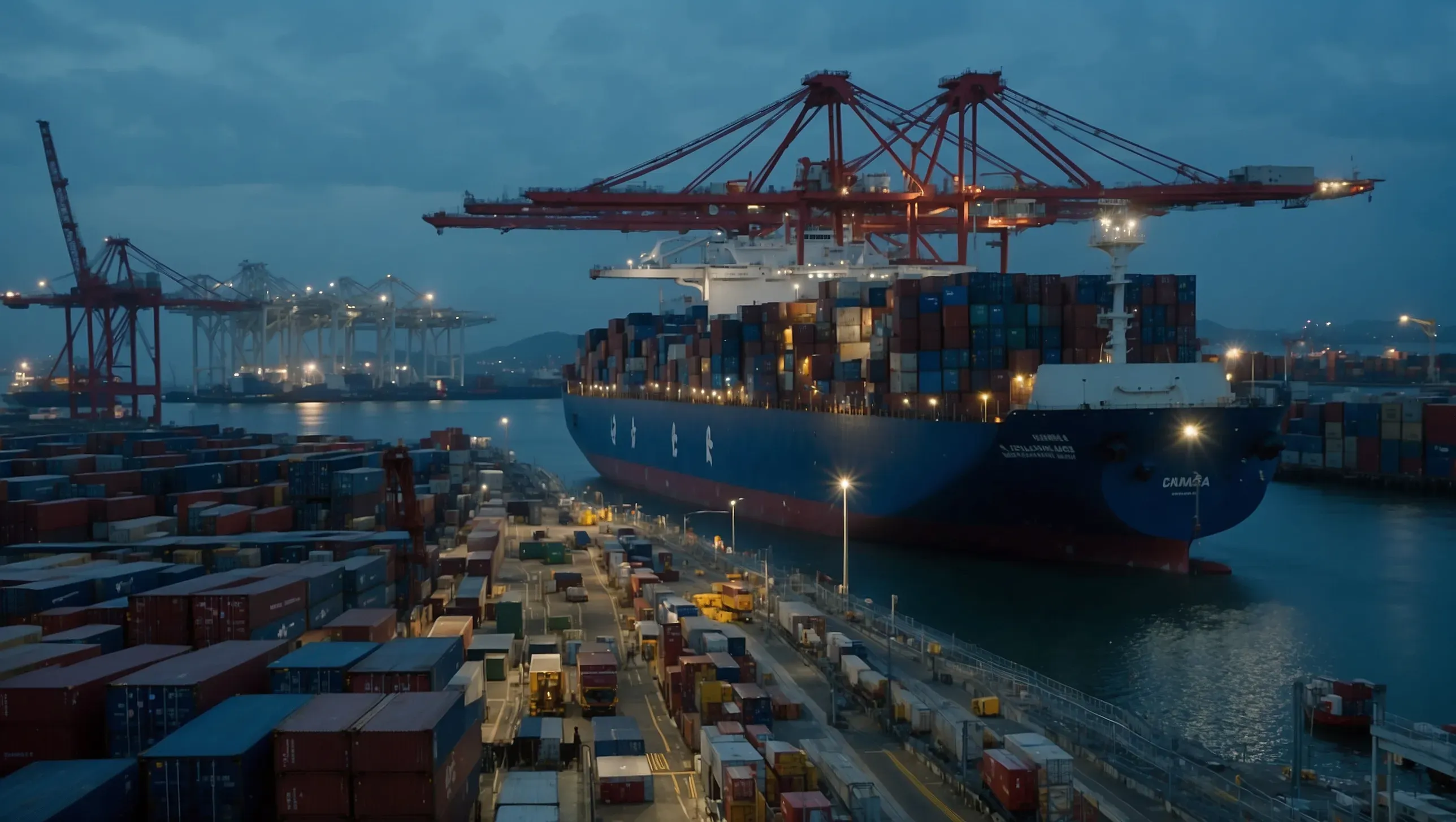 RoRo cargo vessel berthed at a Malaysian port at blue hour — orderly, trusted maritime operations