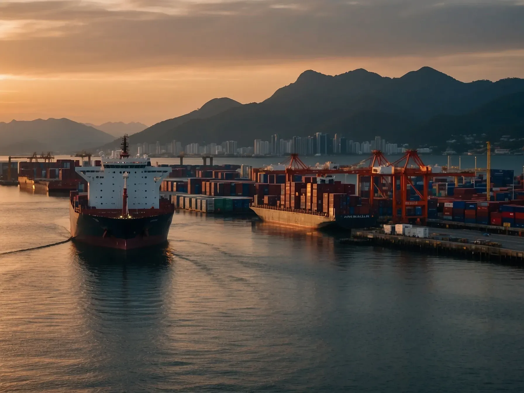 Port of Kota Kinabalu, Sabah with cargo vessels at sunset
