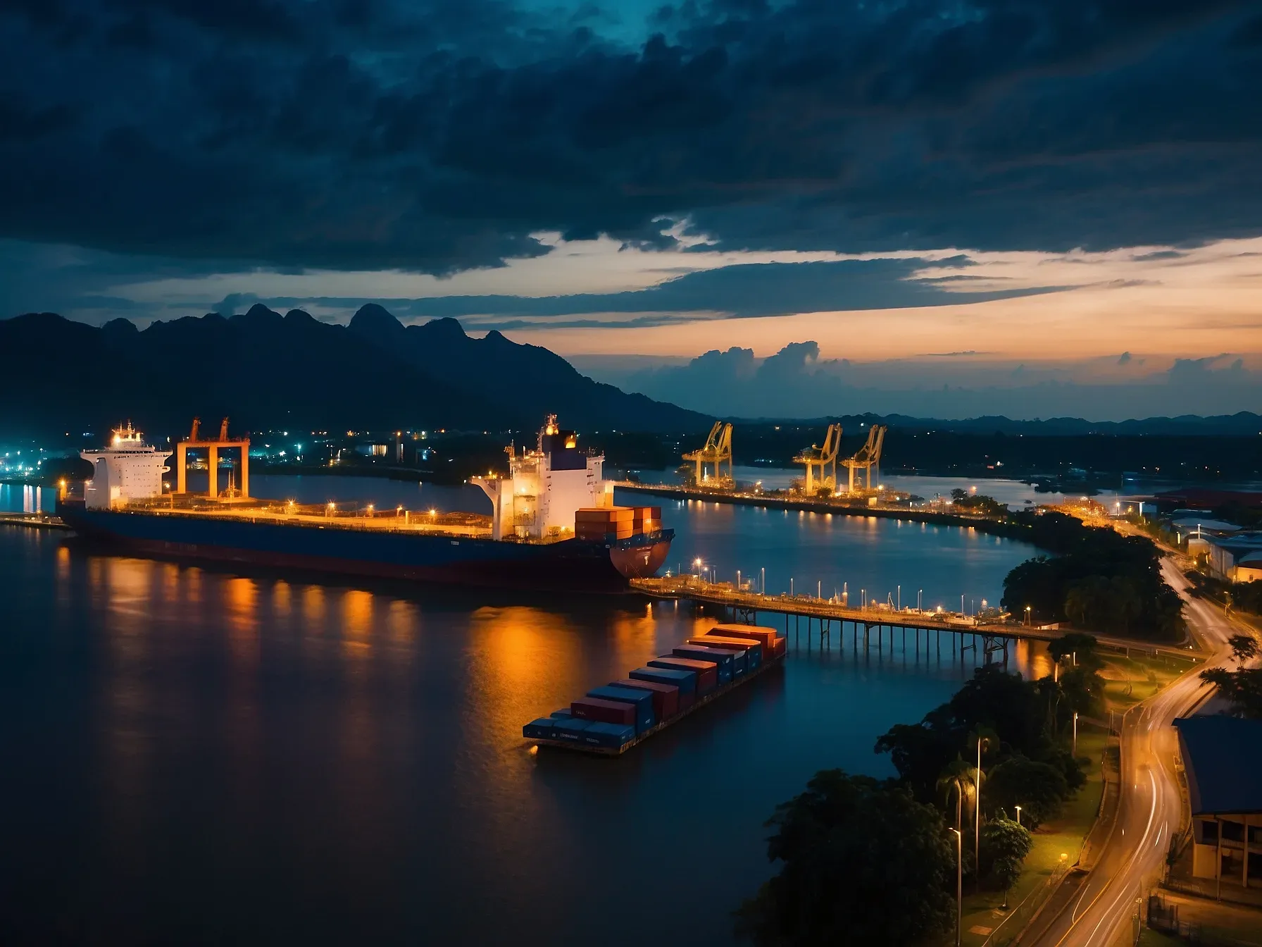 Port of Kuching, Sarawak with cargo vessels and container handling