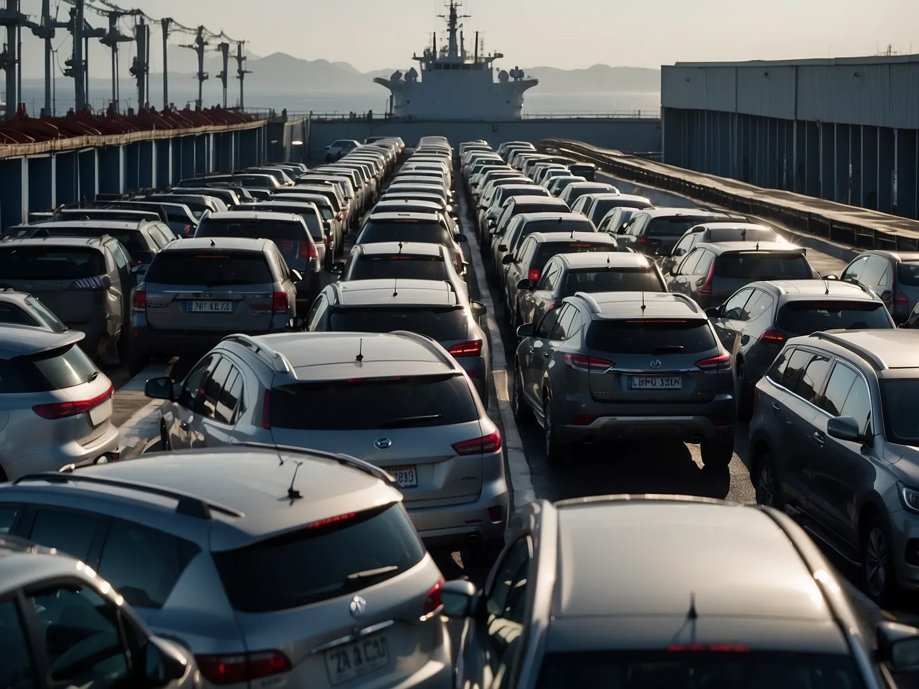 Cars parked and safely secured on the deck of a vehicle carrier ship