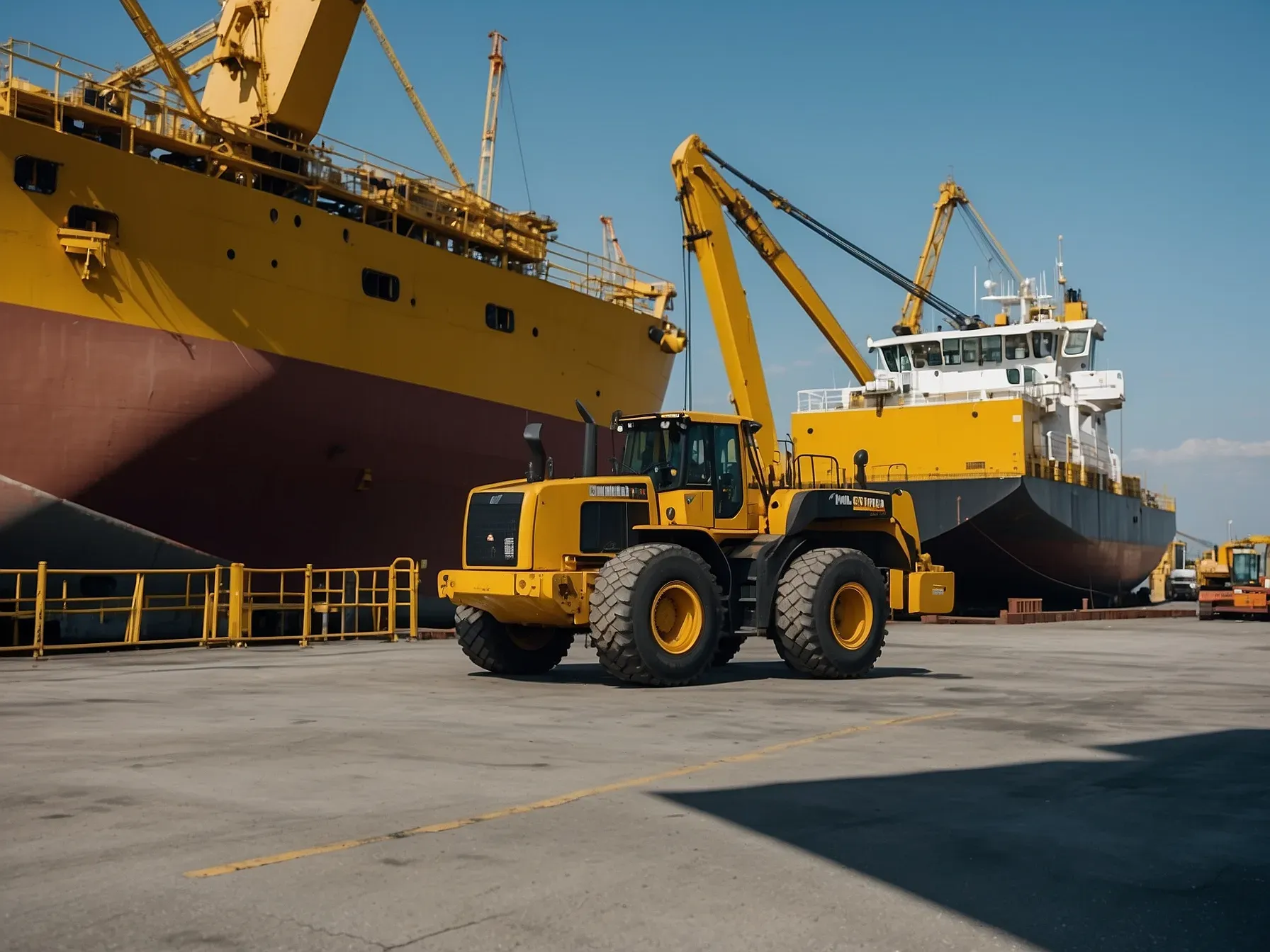 Heavy machinery such as an excavator being loaded onto a cargo ship