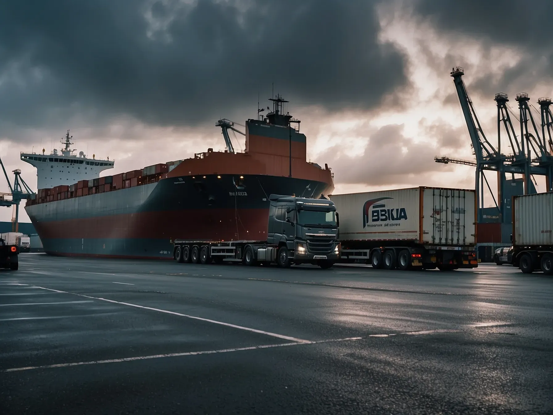 Heavy lorries boarding a RoRo cargo vessel via the loading ramp