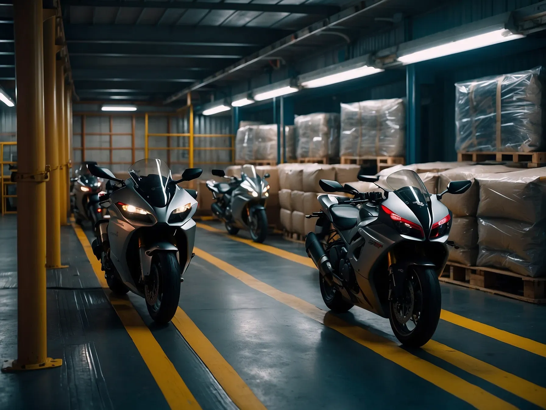 Motorcycles securely strapped and crated for sea shipping