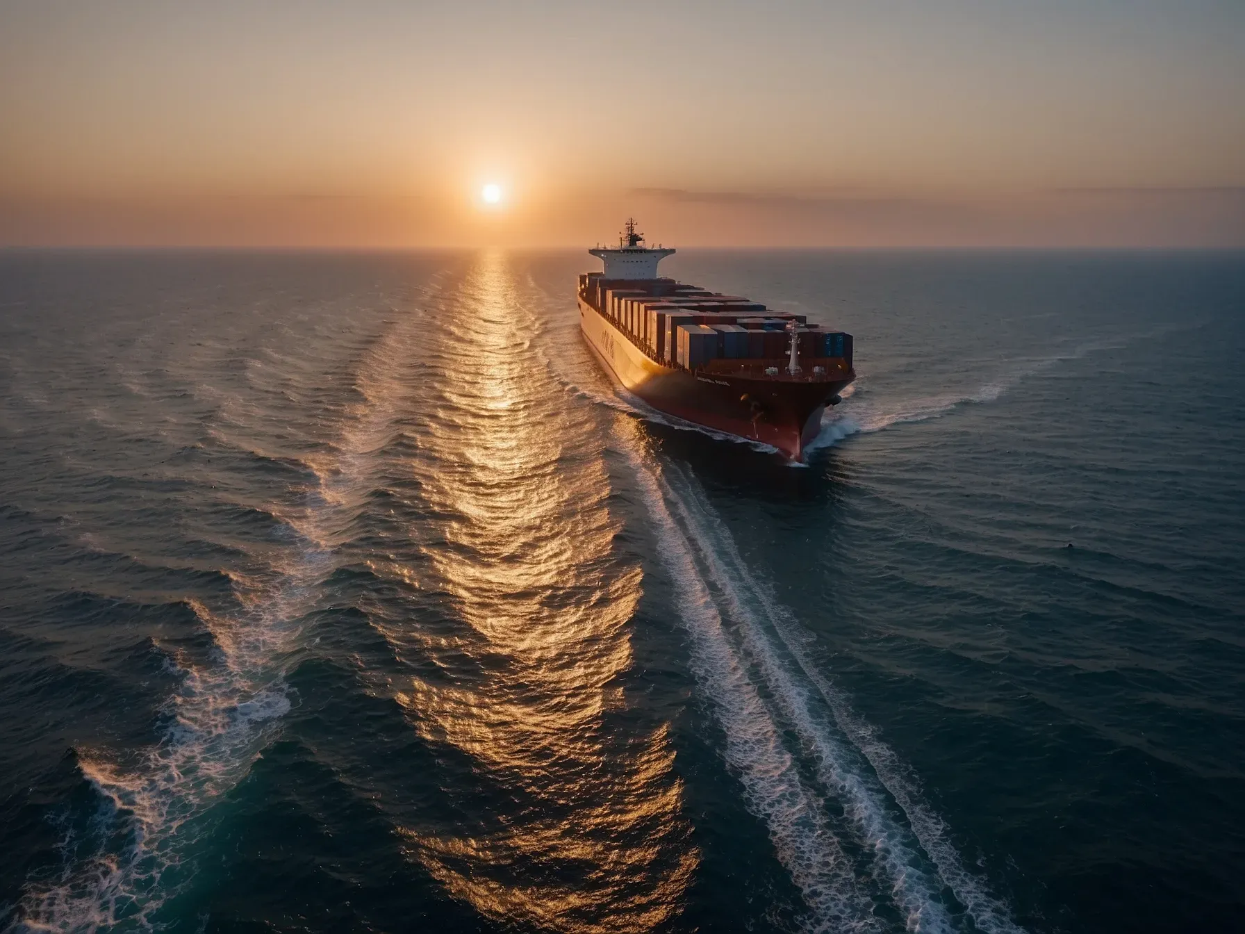 A modern cargo carrier ship sailing on the open sea at golden hour